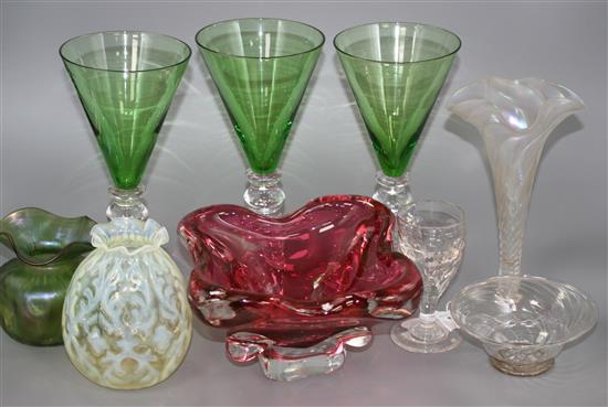 A Murano glass bowl, Whitefriars vase, a Loetz style vase, etc.